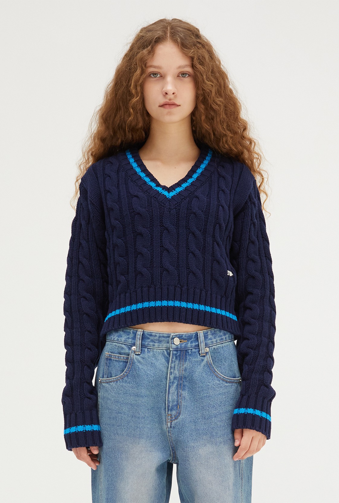 R CABLE V-NECK KNIT TOP_NAVY