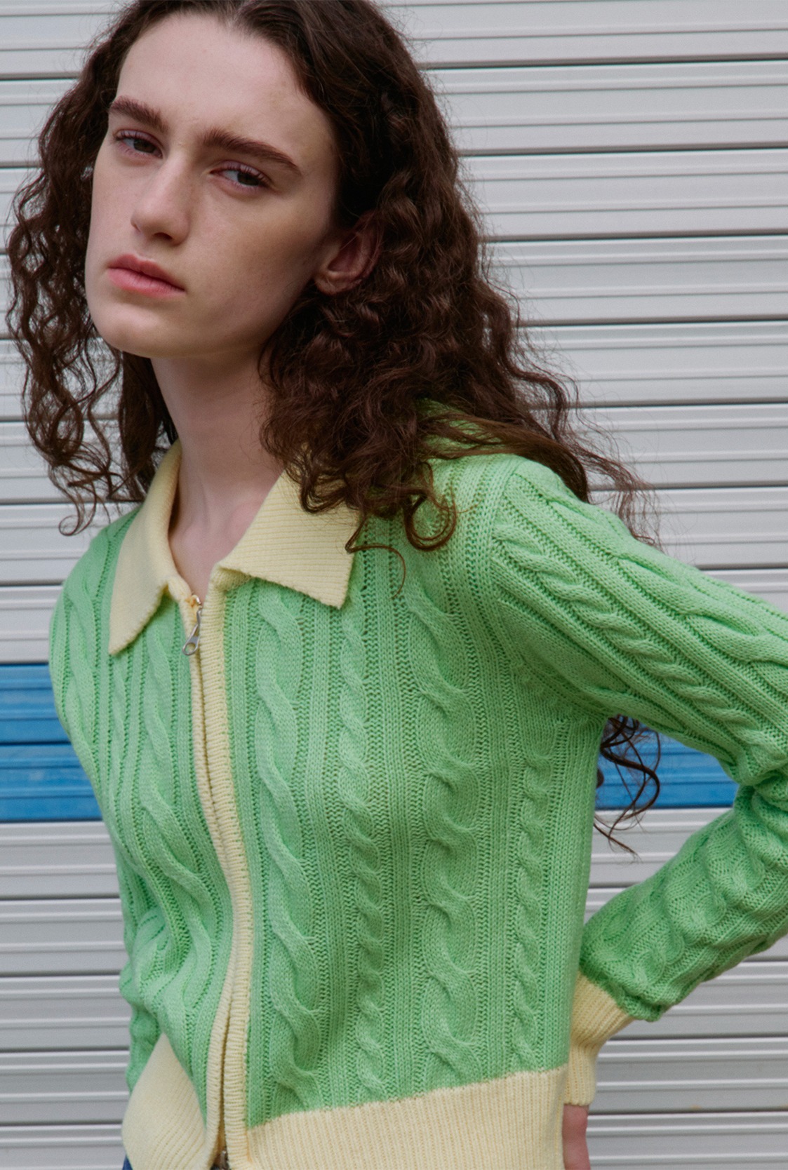 R CONTRAST ZIP-UP KNIT CARDIGAN_YELLOW GREEN